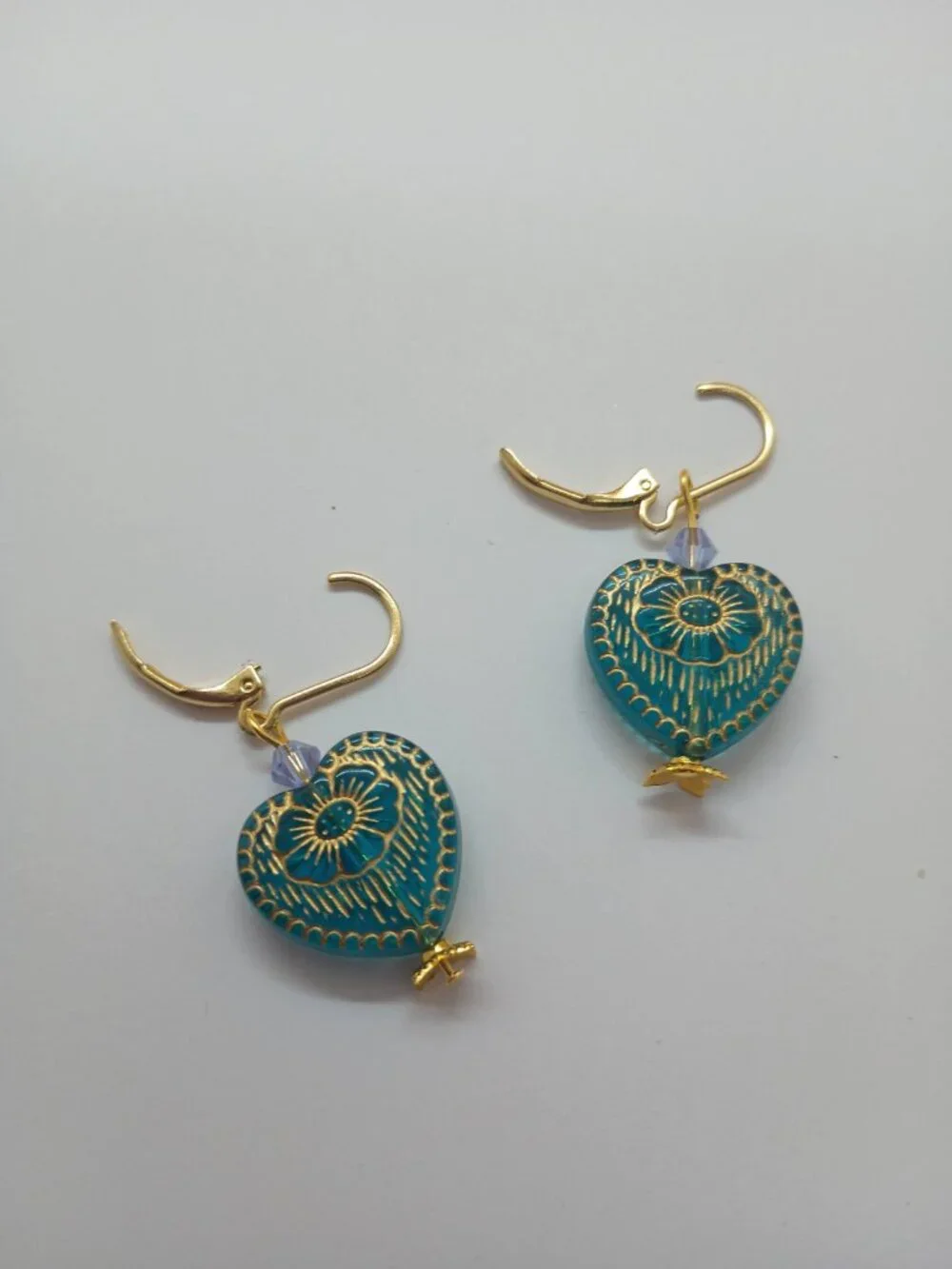 Translucent Teal & Gold Glass Heart Bead Earrings - Picture 2 of 5